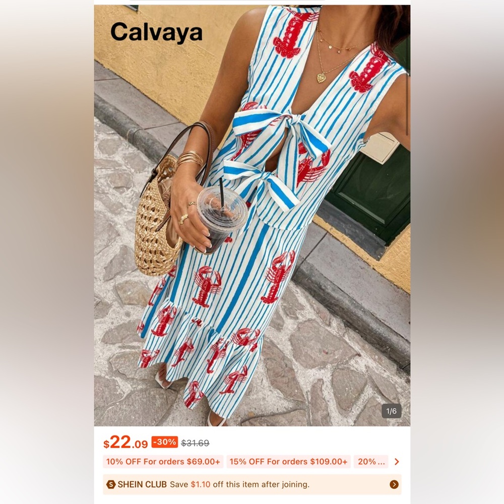 Striped Tie-Front Maxi Dress with Red Lobster Print